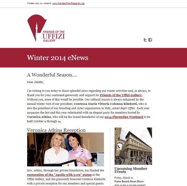 Jenifer Vogt provided content writing and design for eNews sent to members of the Friends of the Uffizi Gallery